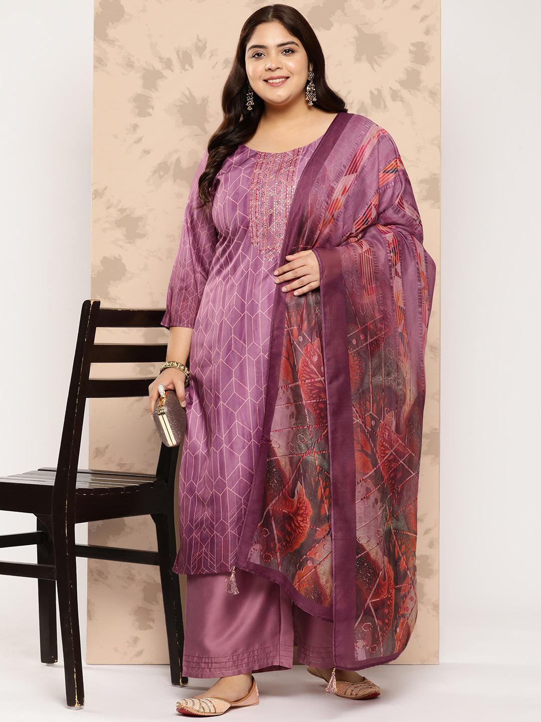 Purple Embroidered Silk Blend Straight Kurta With Trousers and Dupatta