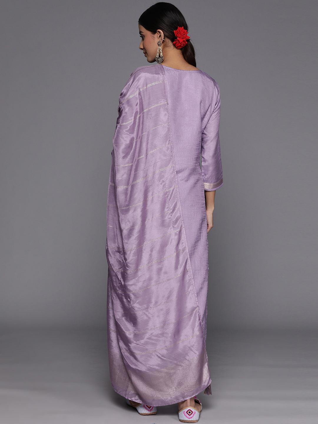 Purple Embroidered Silk Blend Suit Set With Trousers - ShopLibas