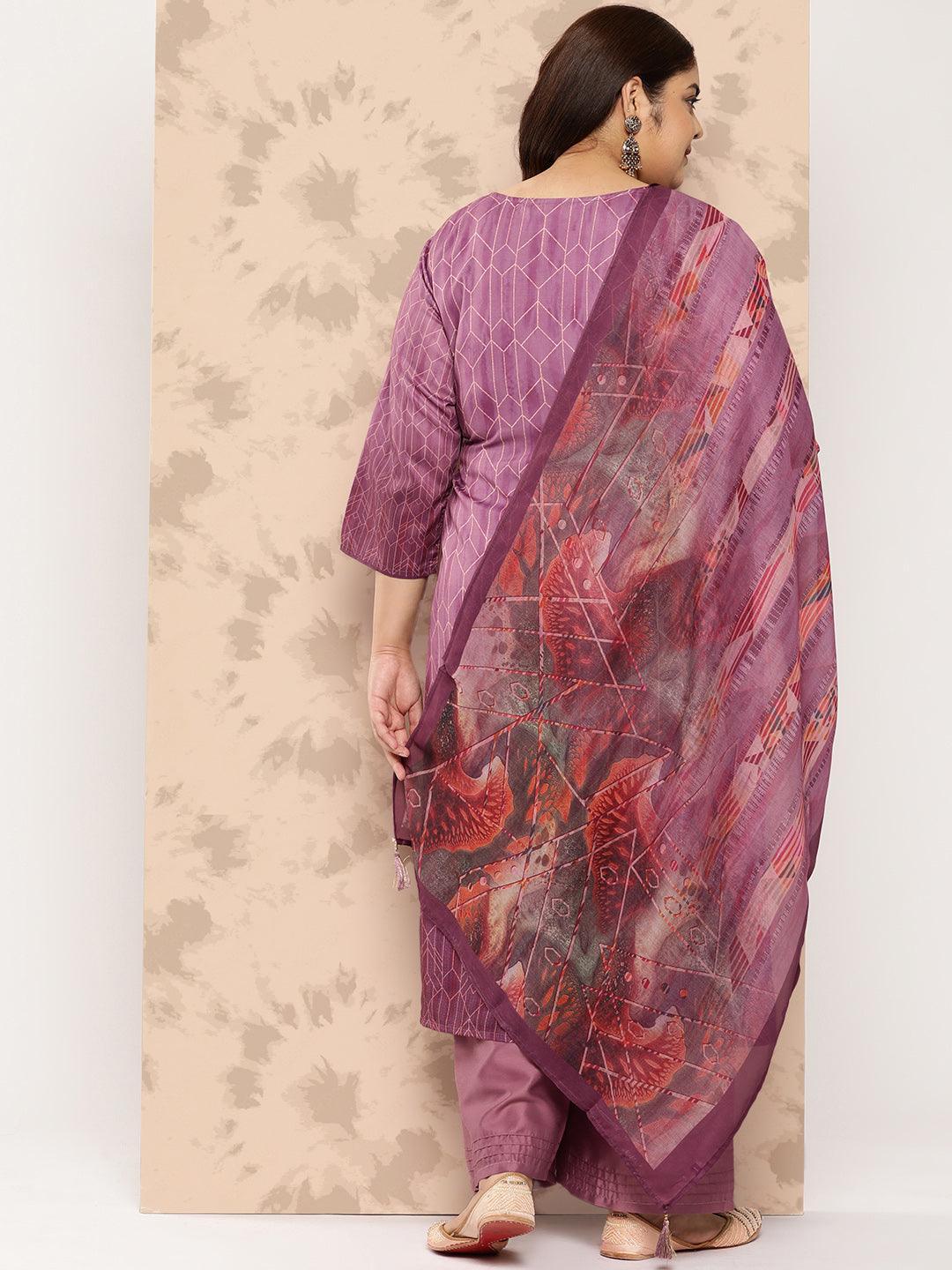 Purple Embroidered Silk Blend Straight Kurta With Trousers and Dupatta