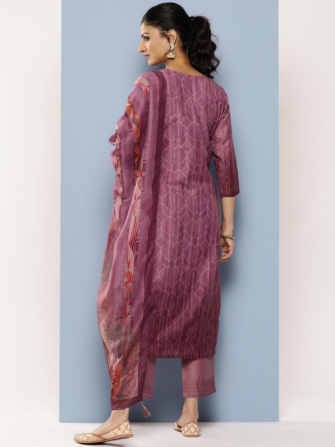 Purple Embroidered Silk Blend Straight Kurta With Trousers & Dupatta