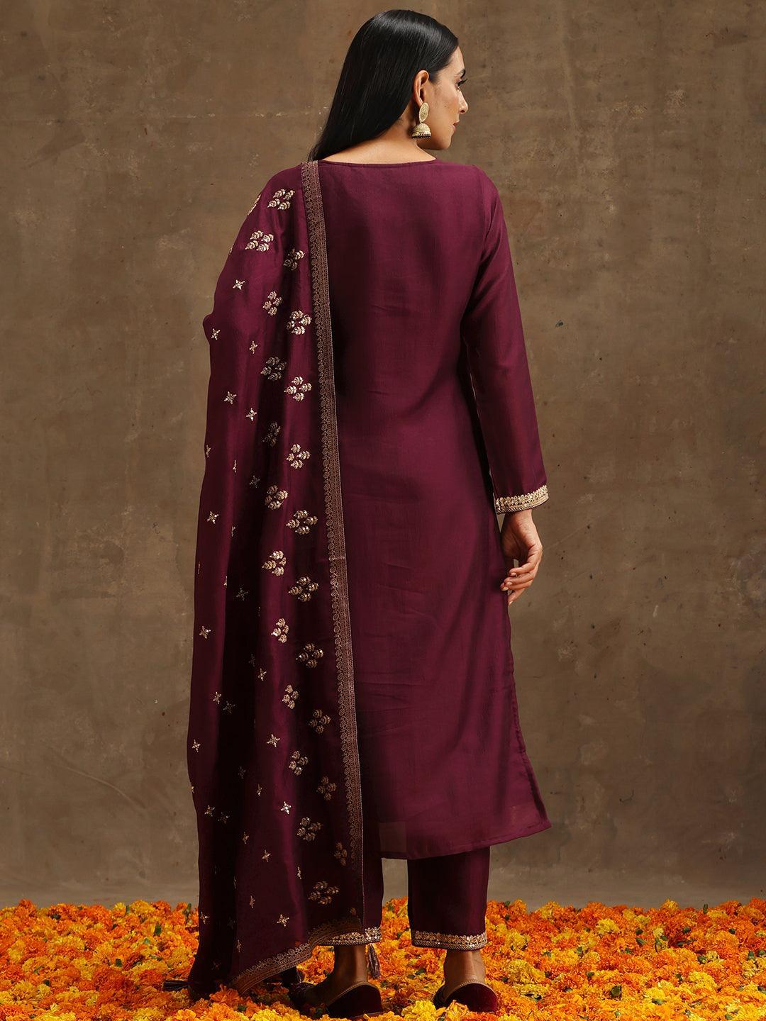 Purple Embroidered Silk Blend Suit Set With Trousers