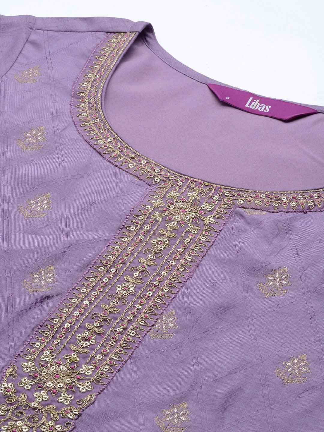 Purple Embroidered Silk Blend Suit Set With Trousers - ShopLibas