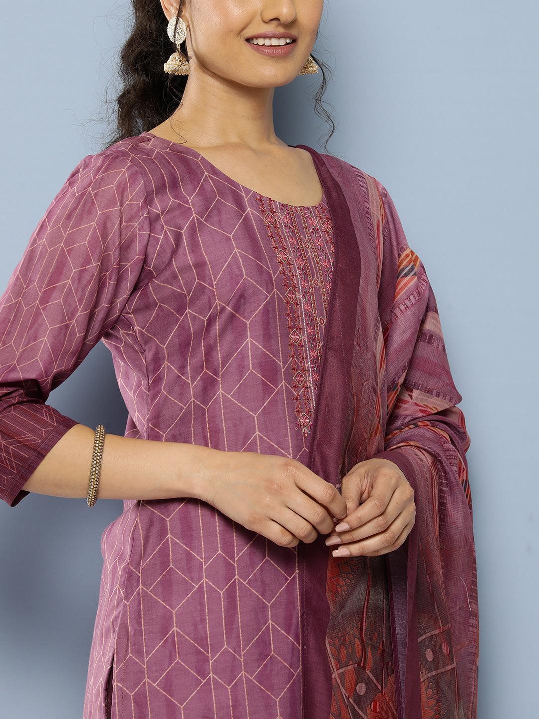 Purple Embroidered Silk Blend Straight Kurta With Trousers & Dupatta