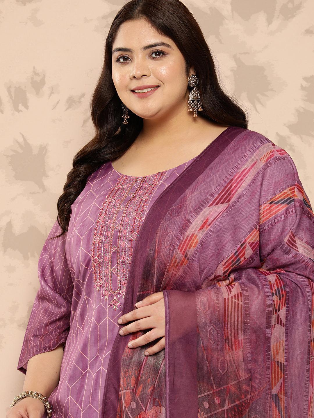 Purple Embroidered Silk Blend Straight Kurta With Trousers and Dupatta