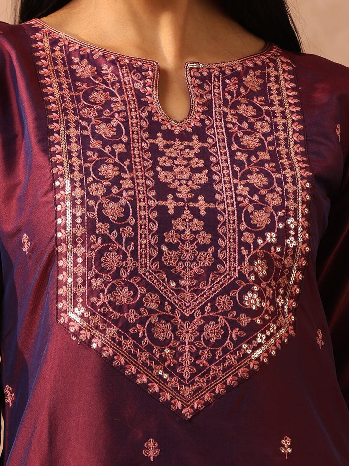 Purple Embroidered Silk Blend Suit Set With Trousers - ShopLibas