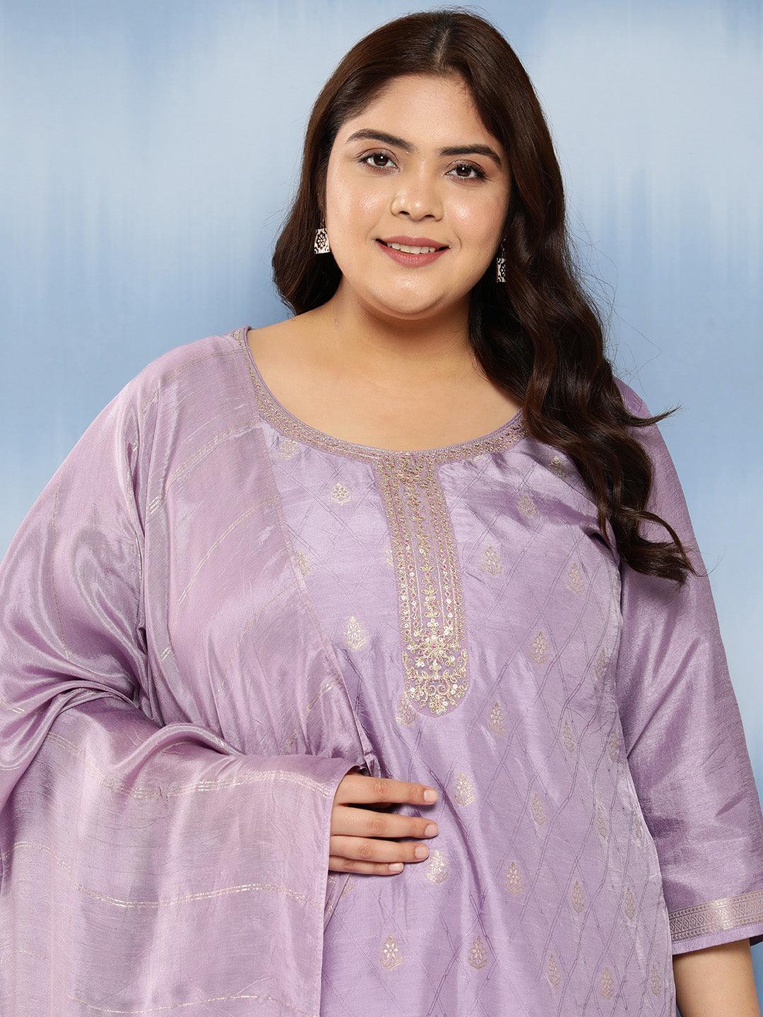 Purple Embroidered Silk Blend Straight Kurta With Trousers and Dupatta - Libas