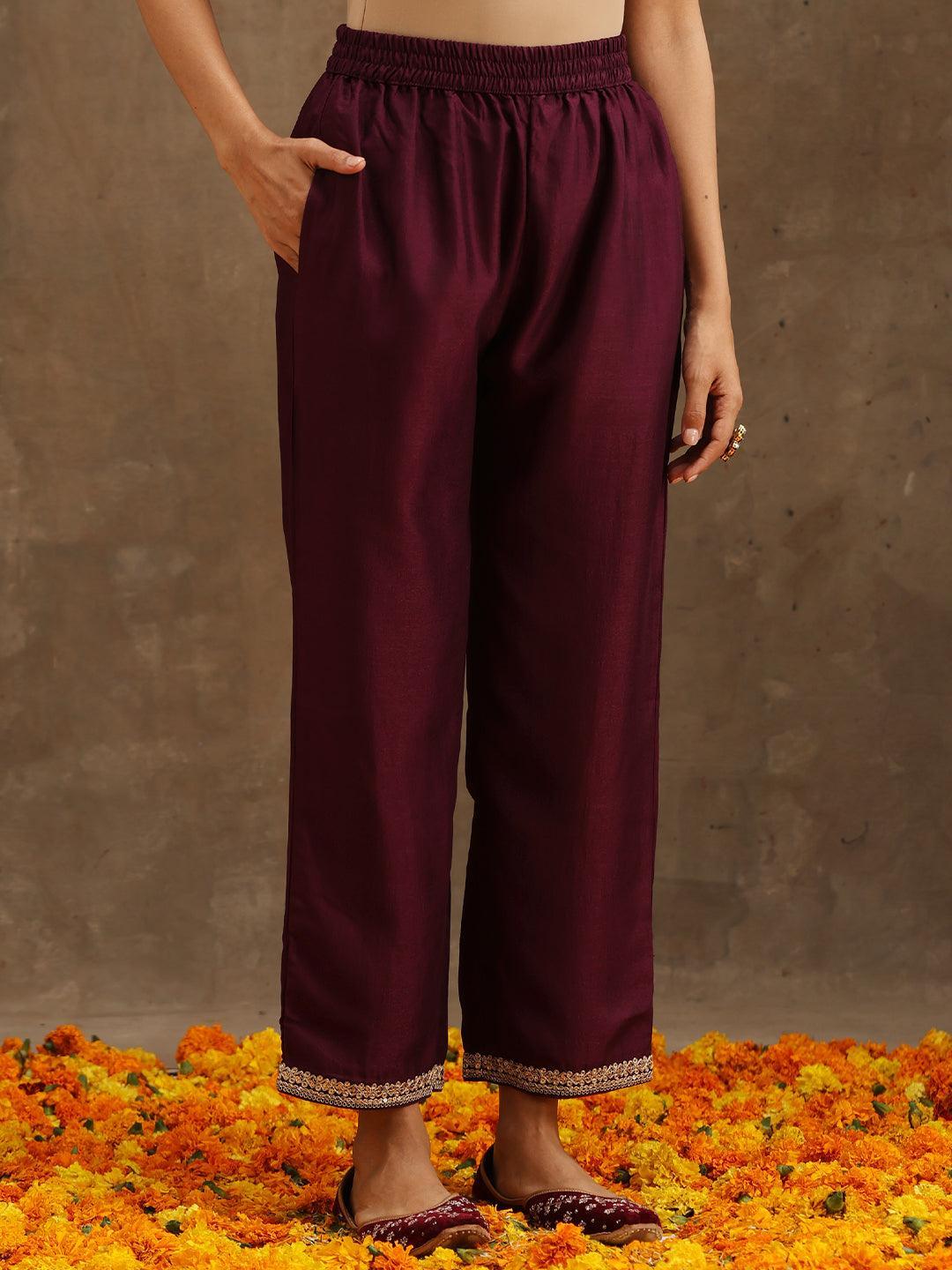 Purple Embroidered Silk Blend Suit Set With Trousers