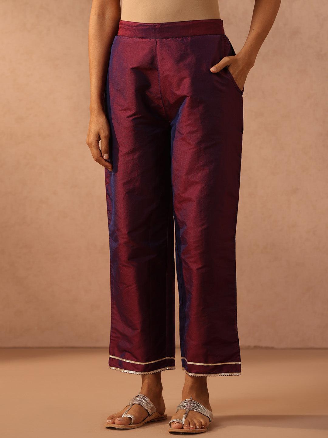 Purple Embroidered Silk Blend Suit Set With Trousers - ShopLibas