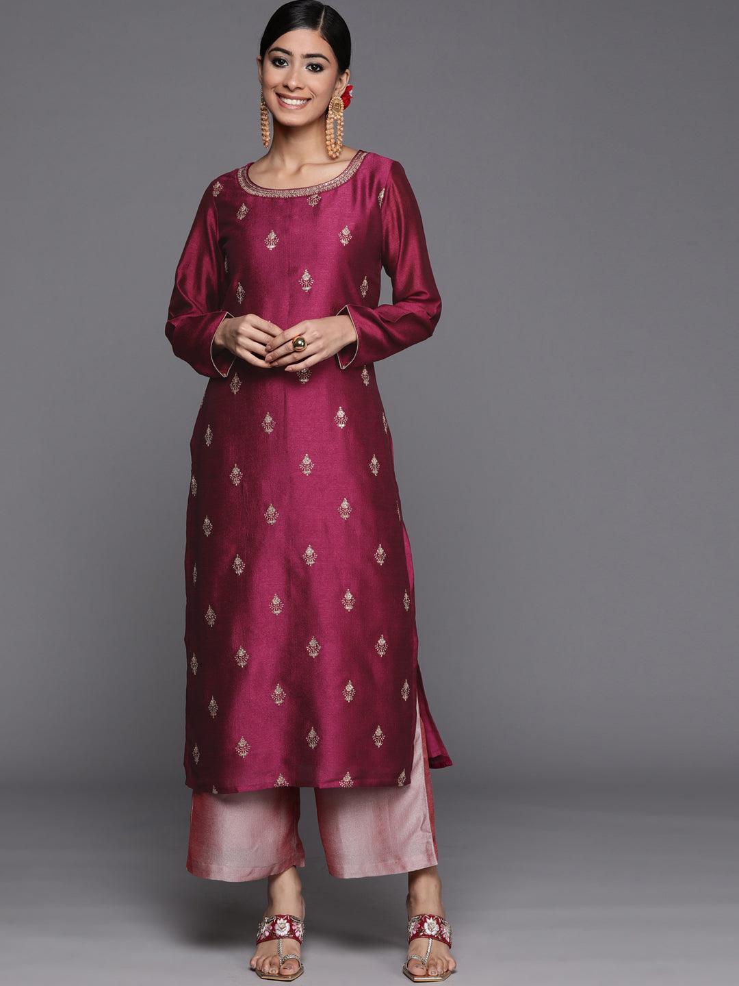 Purple Embroidered Silk Straight Kurta