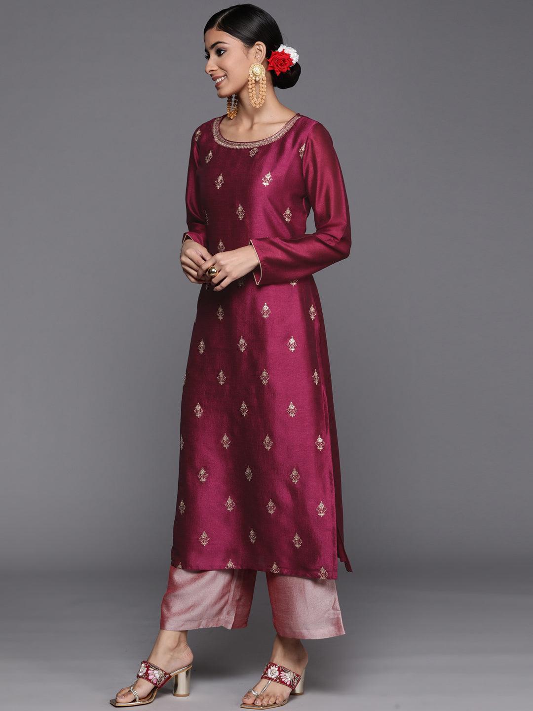 Purple Embroidered Silk Straight Kurta