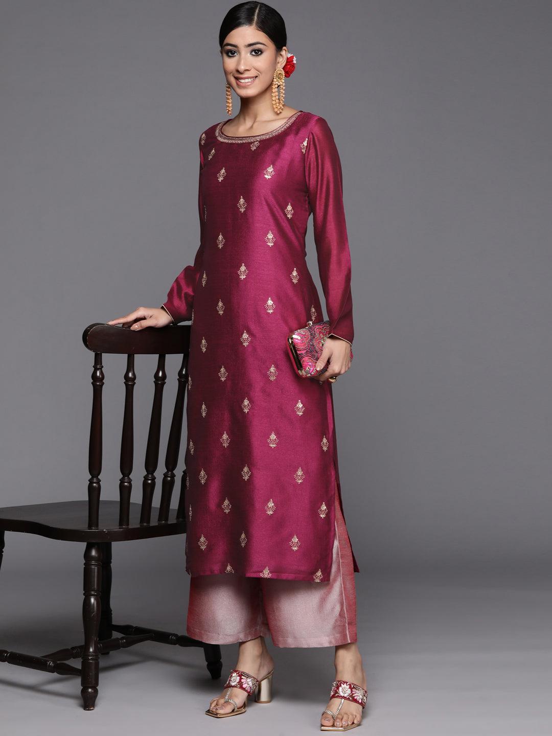 Purple Embroidered Silk Straight Kurta