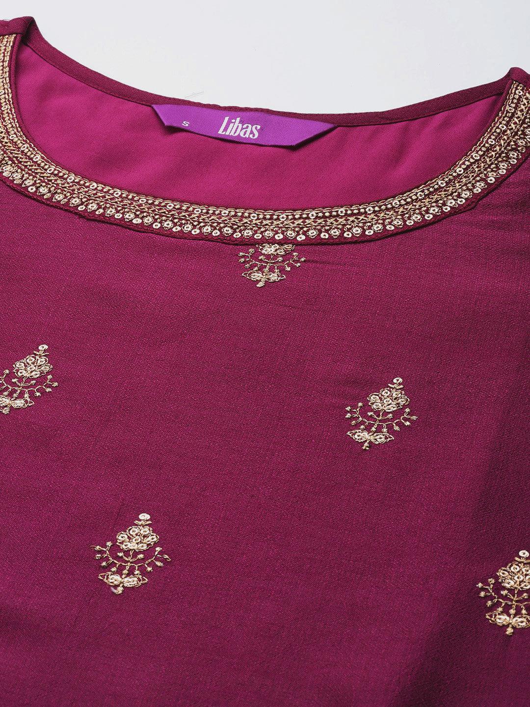 Purple Embroidered Silk Straight Kurta - ShopLibas