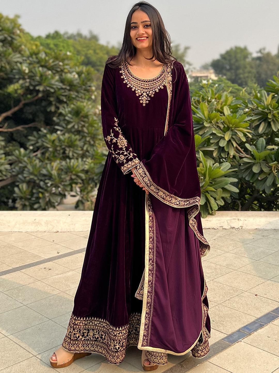 Purple Embroidered Velvet Anarkali Kurta With Trousers & Dupatta