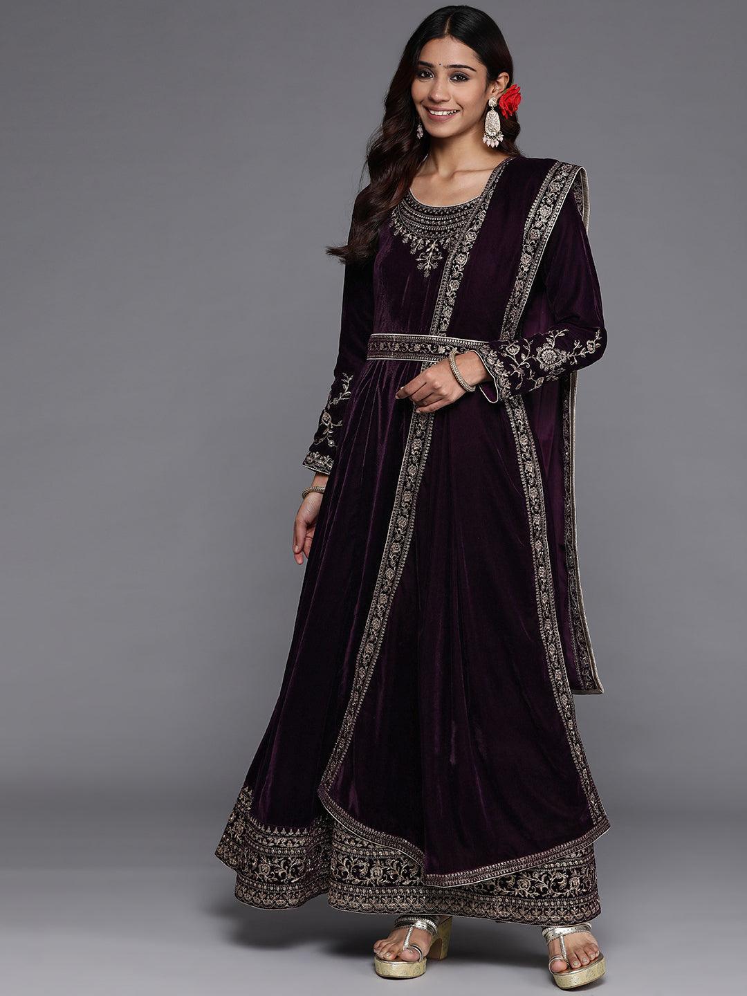 Purple Embroidered Velvet Anarkali Kurta With Trousers & Dupatta