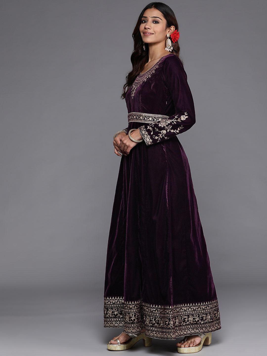 Purple Embroidered Velvet Anarkali Kurta With Trousers & Dupatta