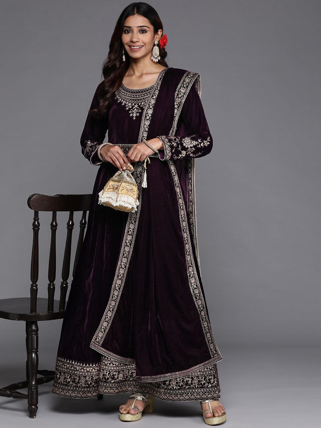 Purple Embroidered Velvet Anarkali Kurta With Trousers & Dupatta