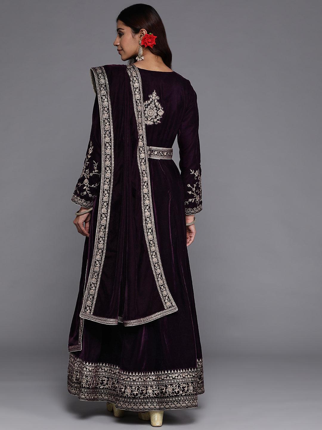 Purple Embroidered Velvet Anarkali Kurta With Trousers & Dupatta