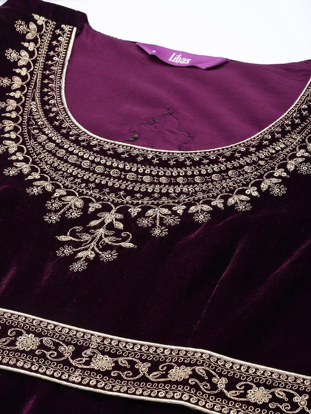 Purple Embroidered Velvet Anarkali Kurta With Trousers & Dupatta