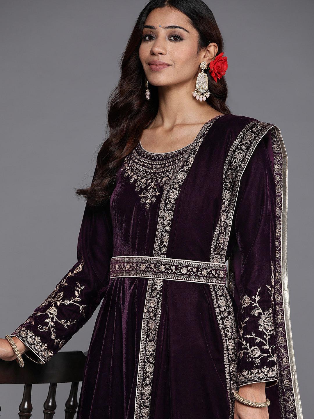 Purple Embroidered Velvet Anarkali Kurta With Trousers & Dupatta