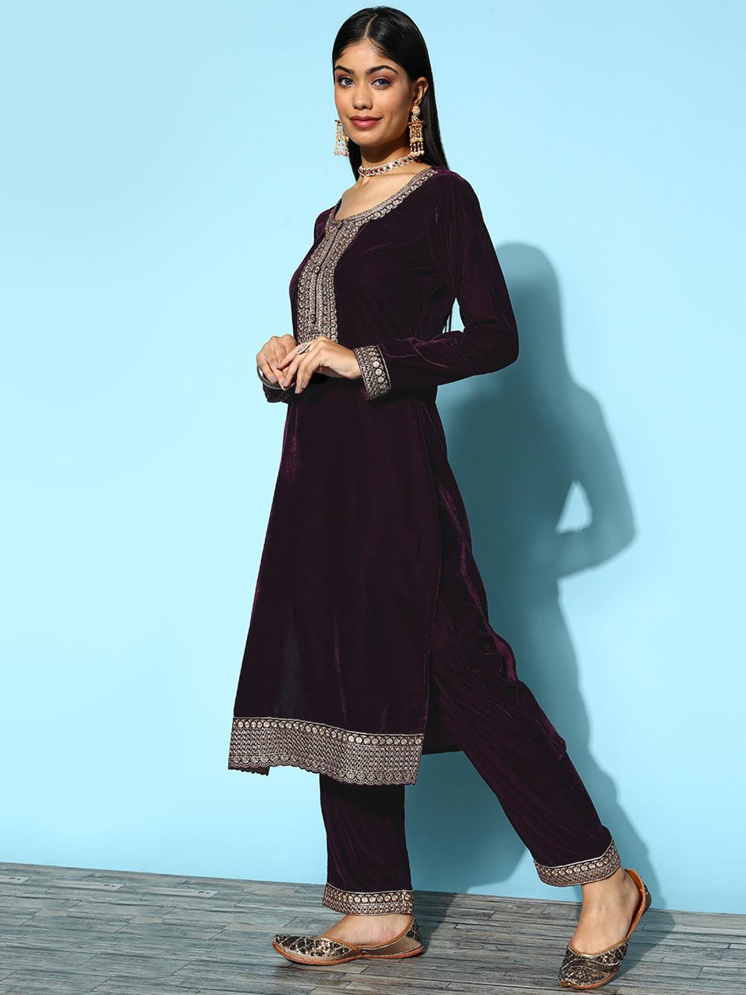 Purple Embroidered Velvet Straight Suit Set