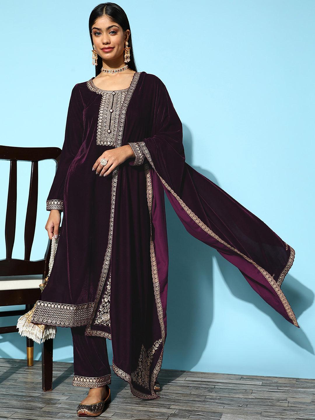 Purple Embroidered Velvet Straight Suit Set - ShopLibas