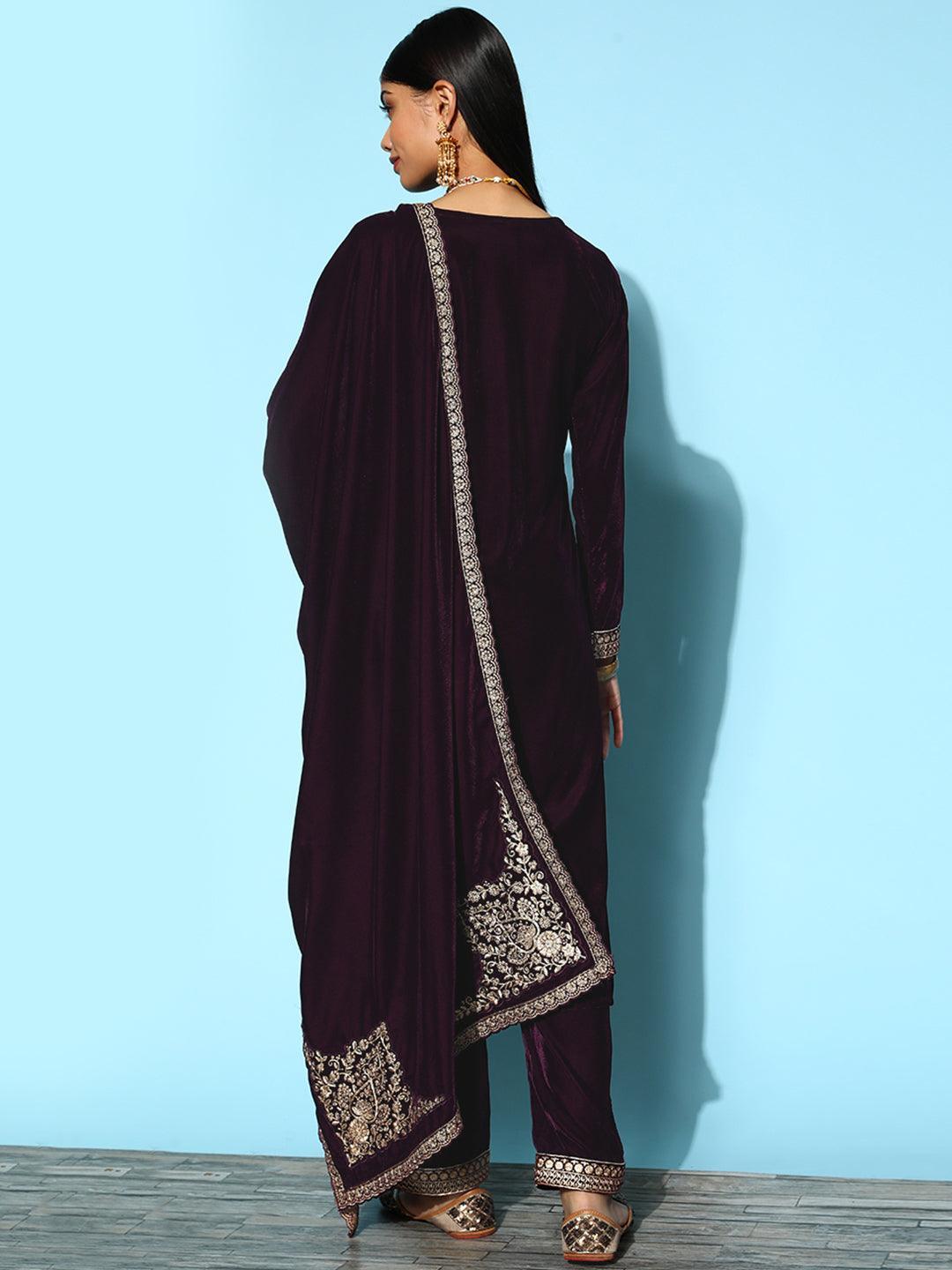 Purple Embroidered Velvet Straight Suit Set - ShopLibas