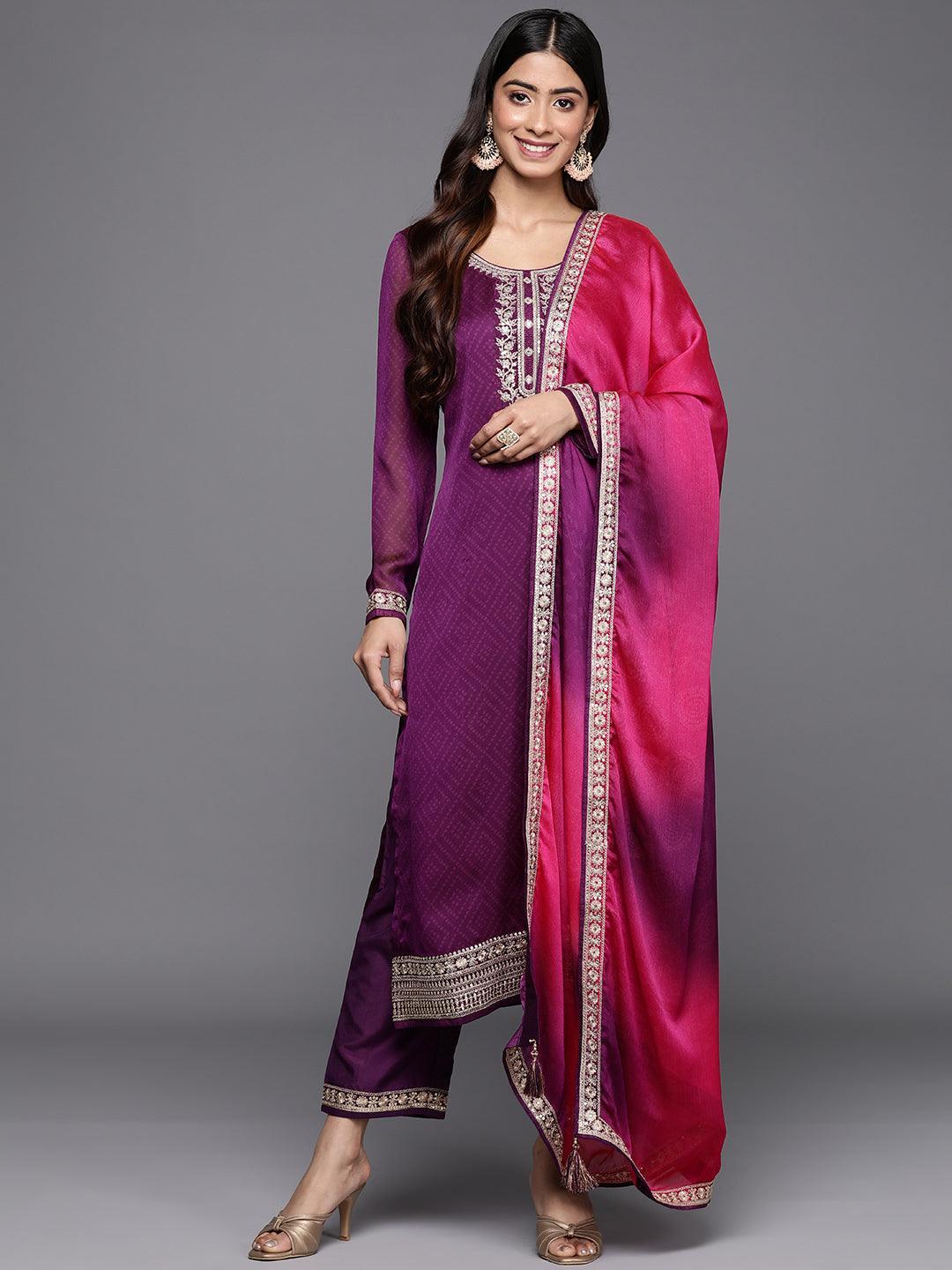 Purple Printed Chiffon Straight Suit Set With Trousers