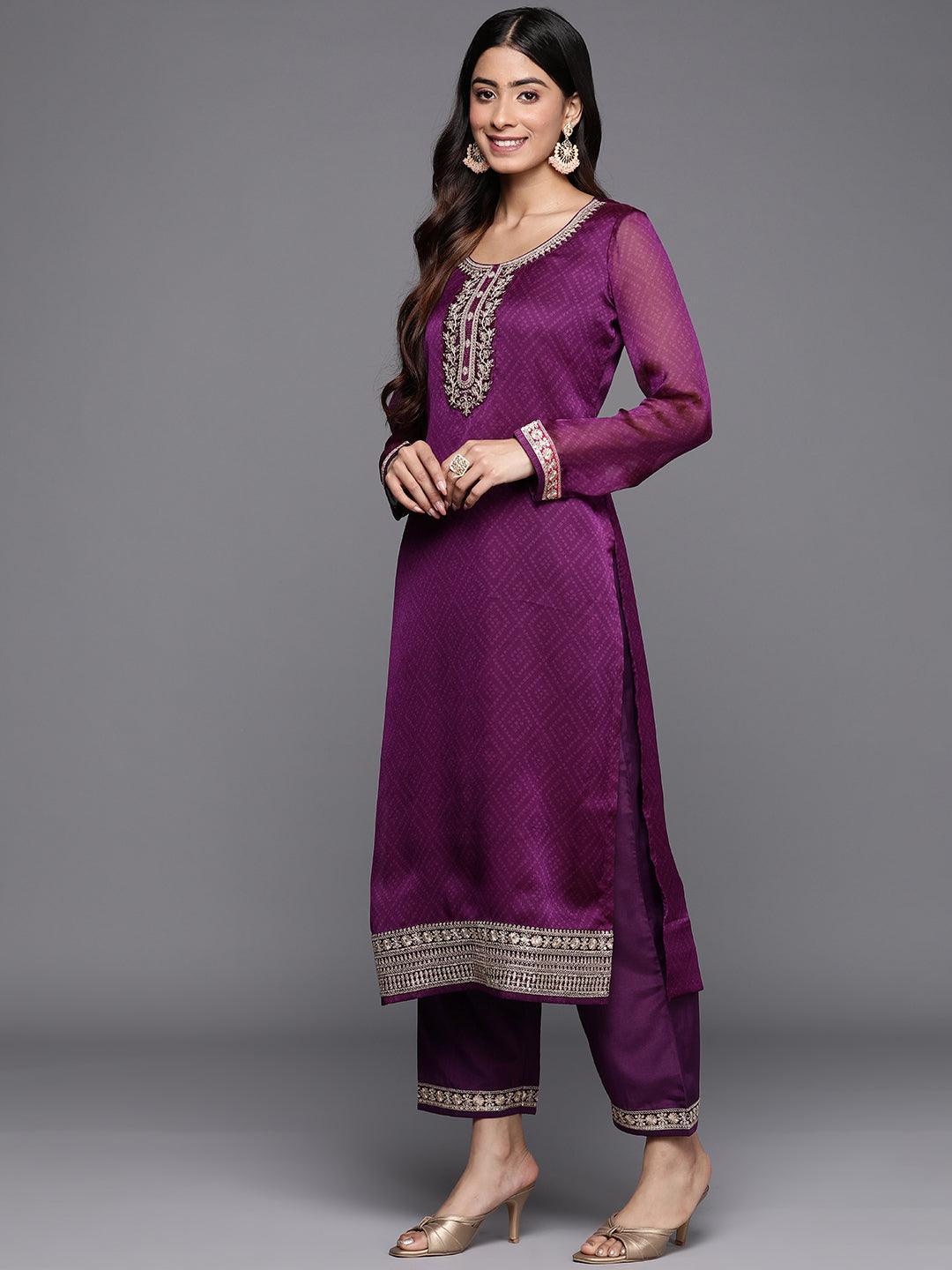 Purple Printed Chiffon Straight Suit Set With Trousers