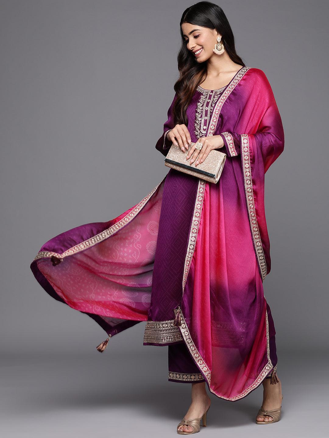 Purple Printed Chiffon Straight Suit Set With Trousers