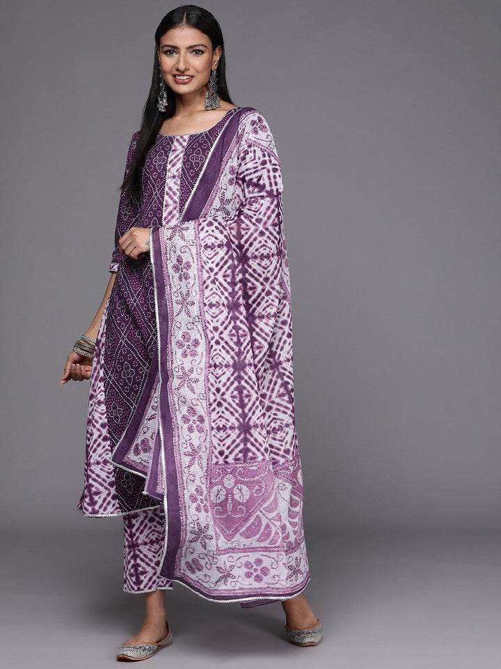 Purple Printed Cotton A-Line Suit Set - ShopLibas