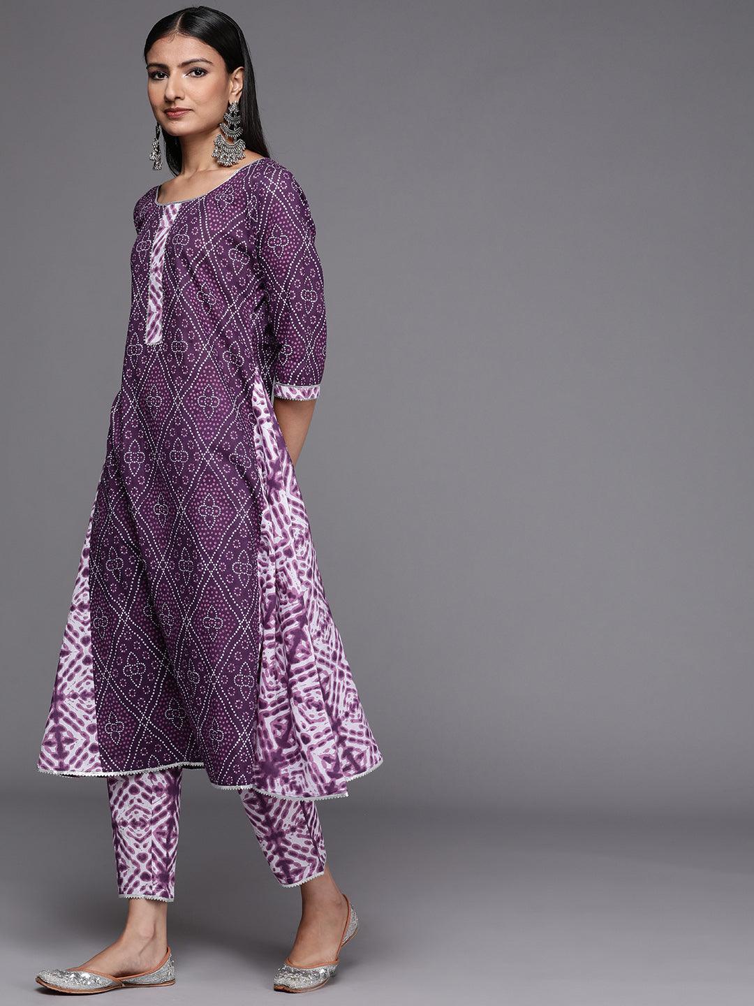 Purple Printed Cotton A-Line Suit Set - ShopLibas