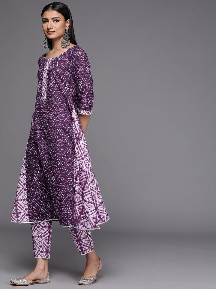 Purple Printed Cotton A-Line Suit Set - ShopLibas