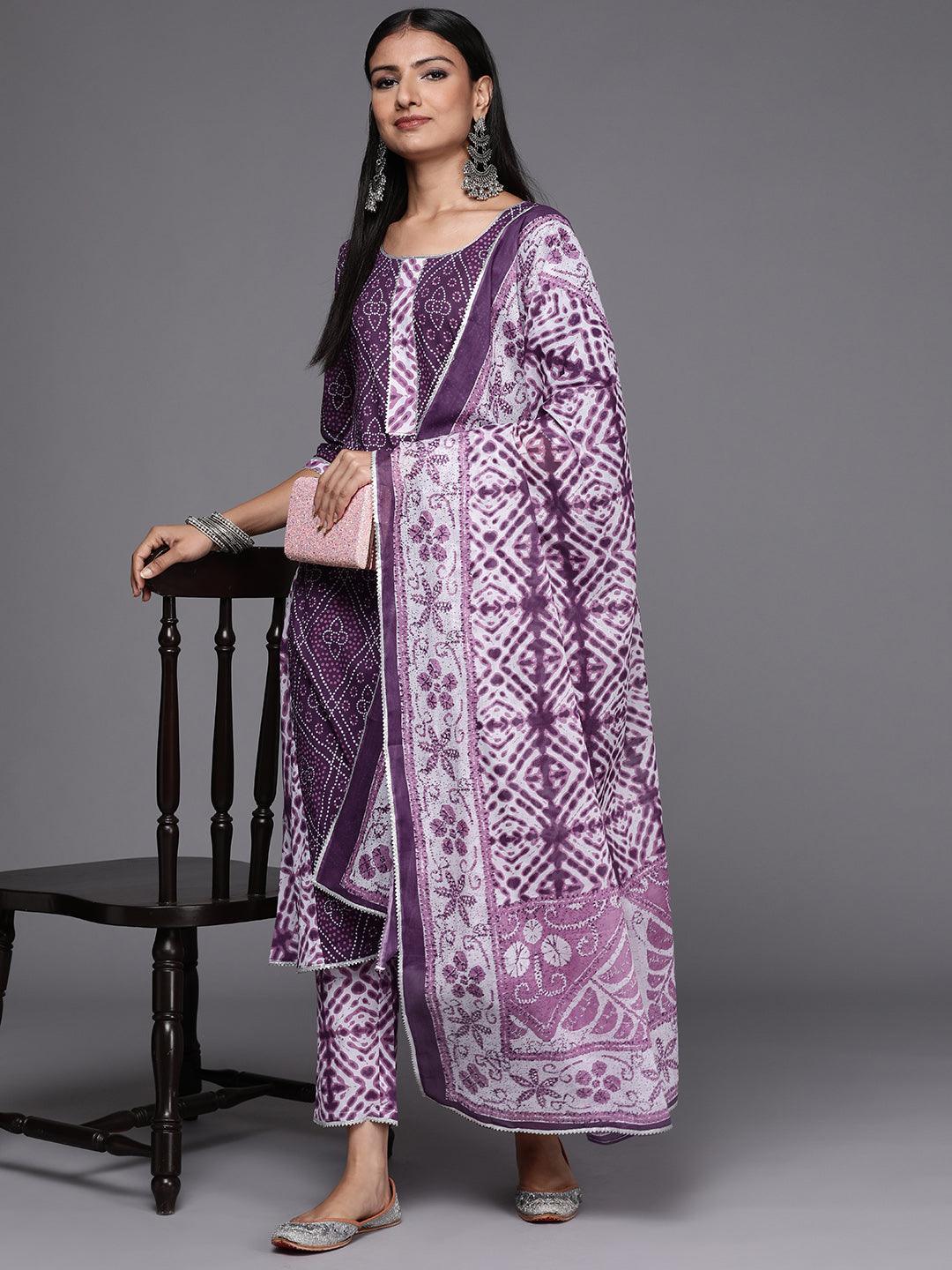 Purple Printed Cotton A-Line Suit Set - ShopLibas