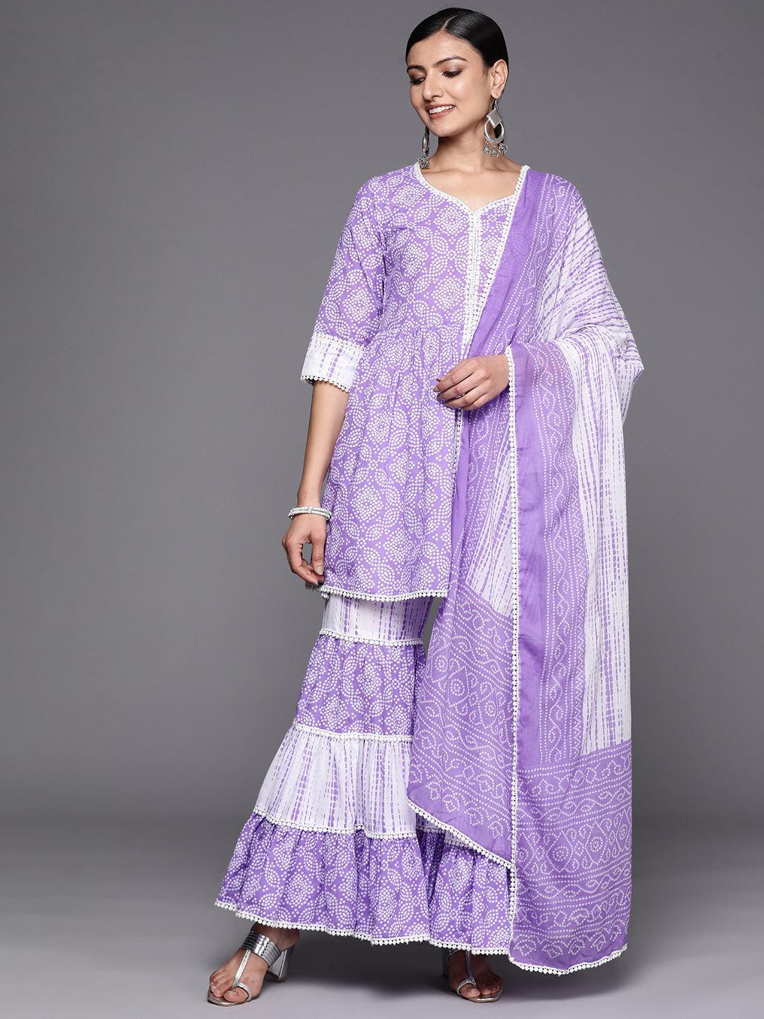 Purple Printed Cotton Anarkali Sharara Suit Set - ShopLibas