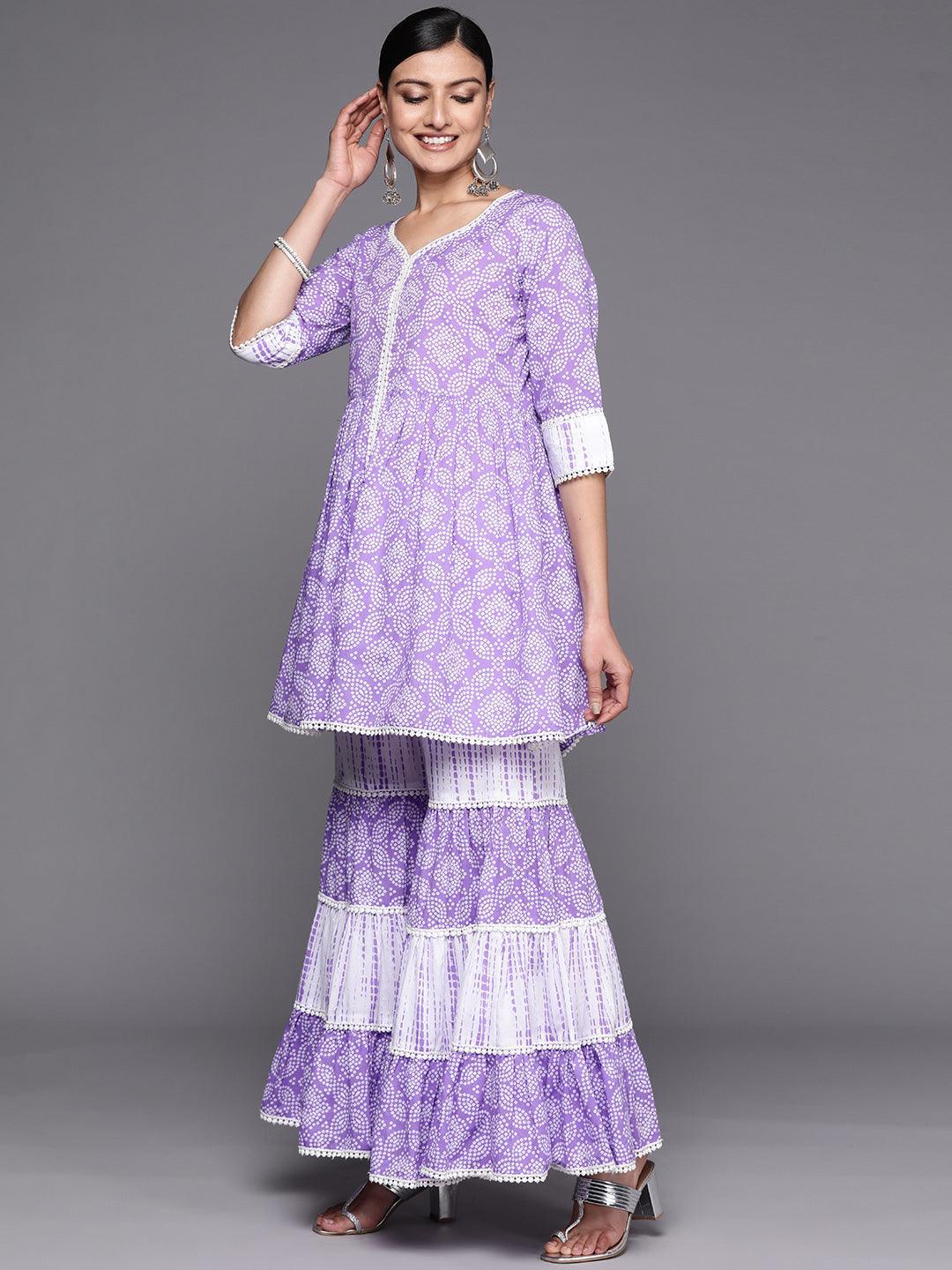 Purple Printed Cotton Anarkali Sharara Suit Set - ShopLibas