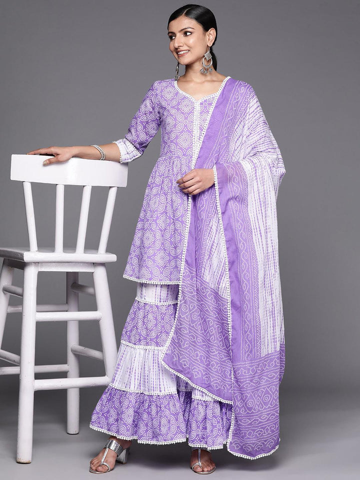 Purple Printed Cotton Anarkali Sharara Suit Set - ShopLibas