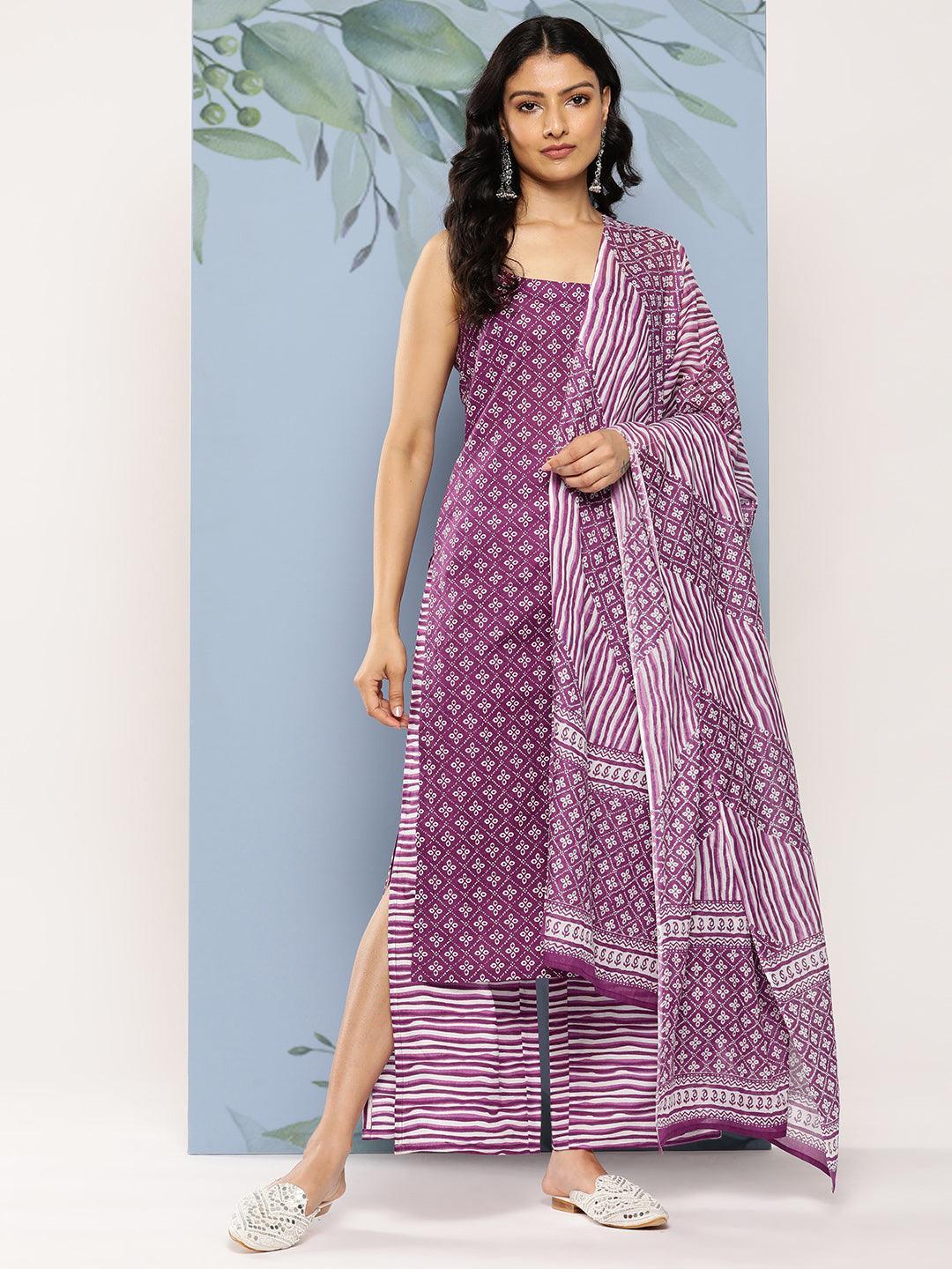 Purple Printed Cotton Straight Kurta With Palazzos & Dupatta