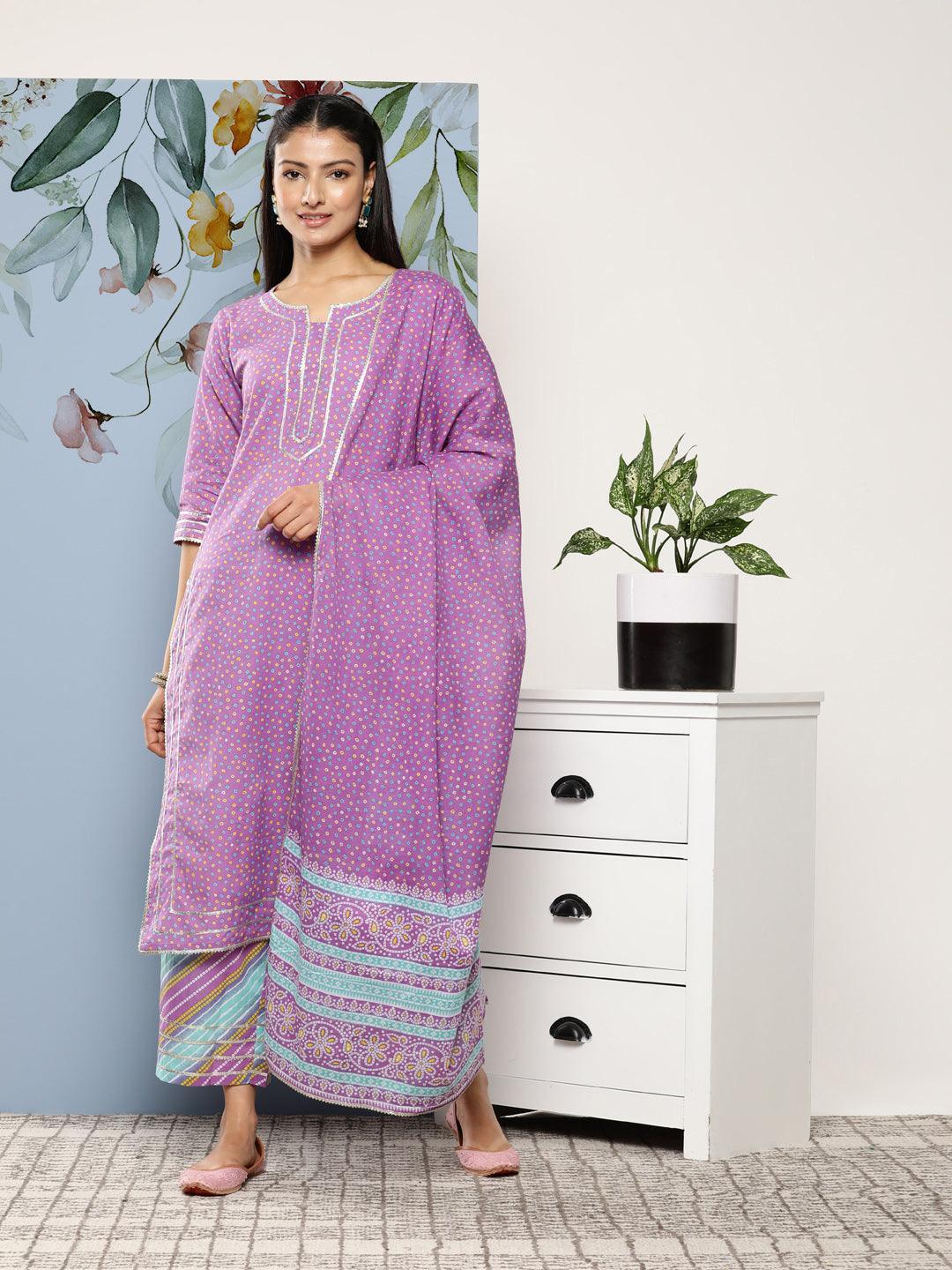 Purple Printed Cotton Suit Set With Palazzos