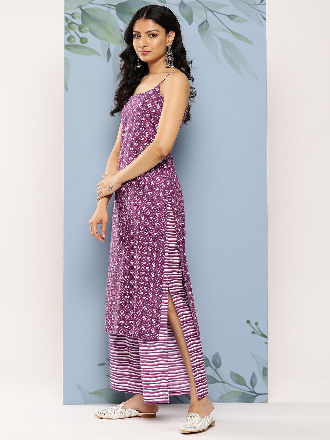 Purple Printed Cotton Straight Kurta With Palazzos & Dupatta