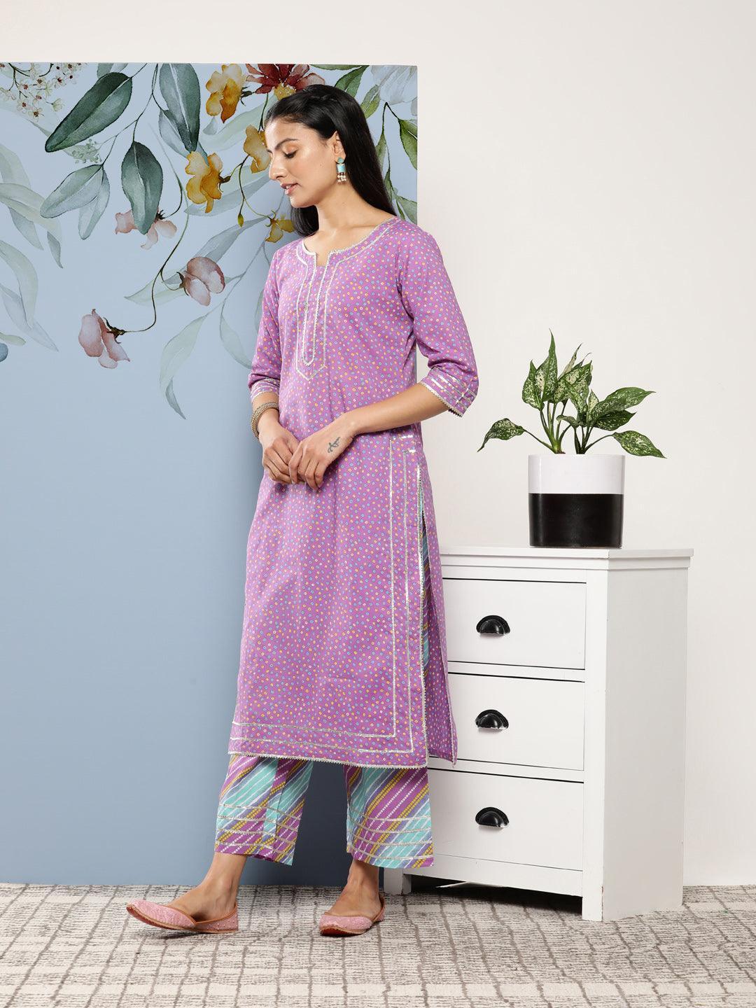 Purple Printed Cotton Suit Set With Palazzos