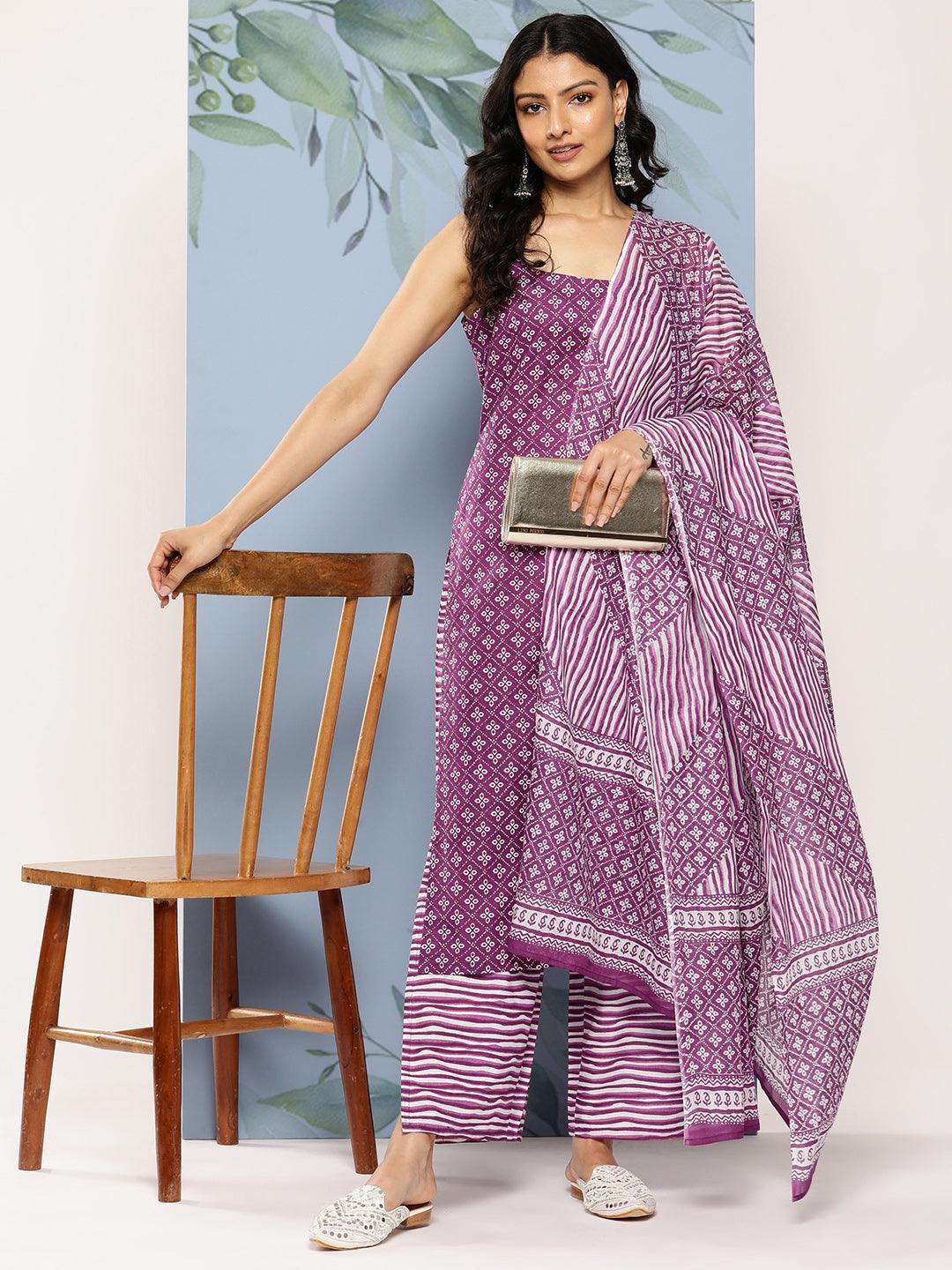 Purple Printed Cotton Straight Kurta With Palazzos & Dupatta