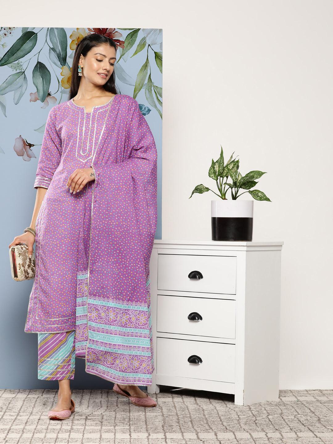 Purple Printed Cotton Suit Set With Palazzos