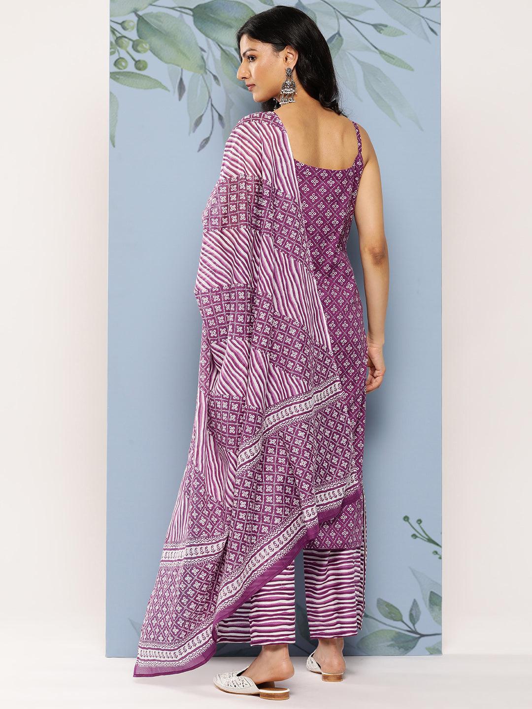 Purple Printed Cotton Straight Kurta With Palazzos & Dupatta