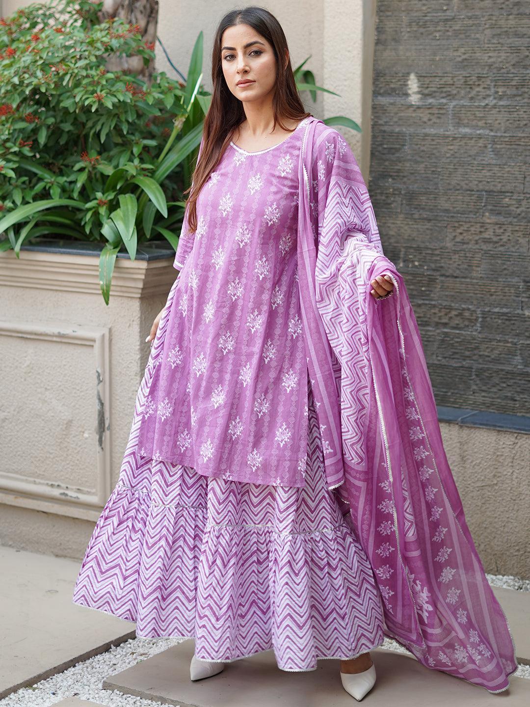 Purple Printed Cotton Straight Kurta With Skirt & Dupatta