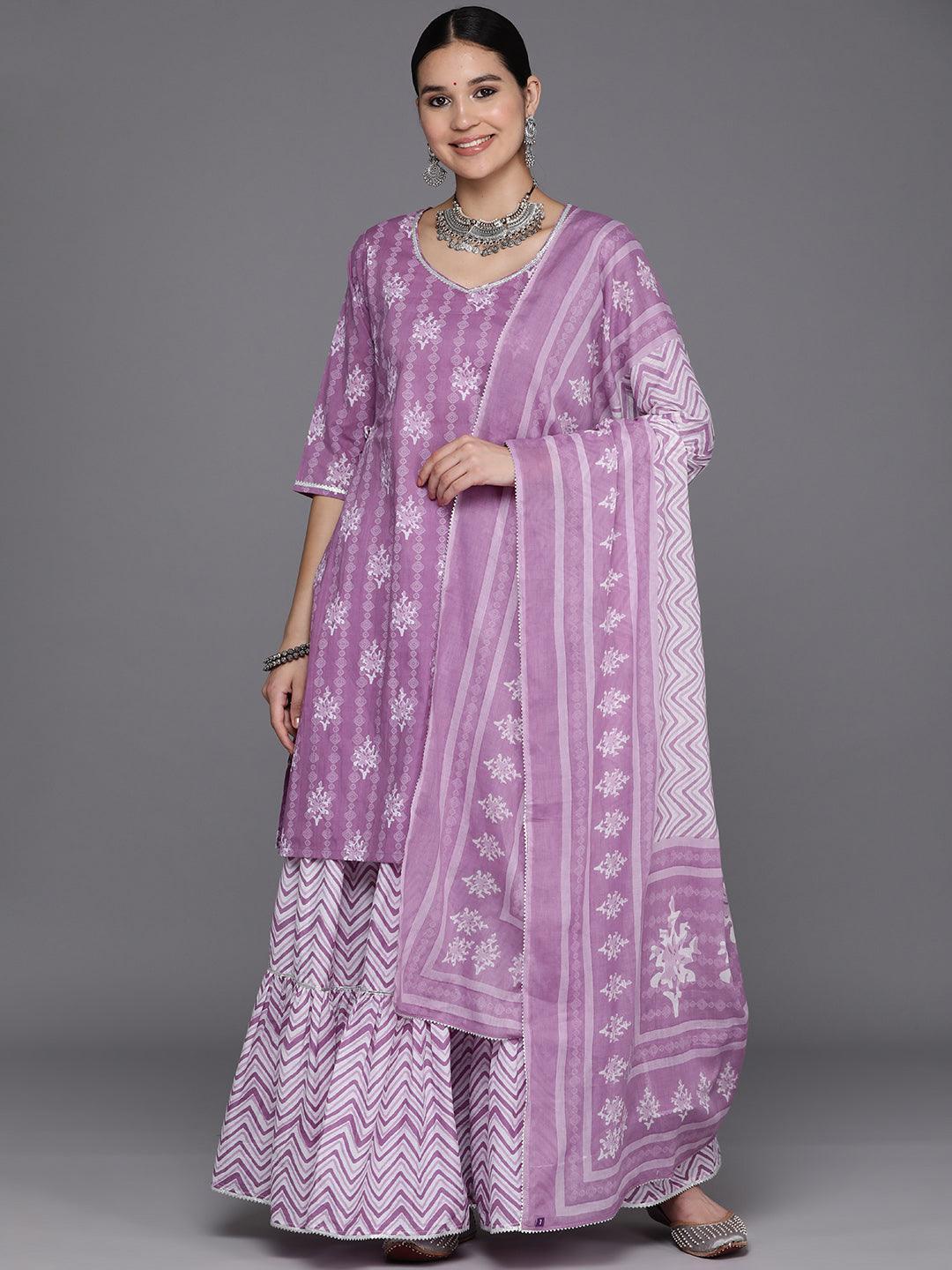 Purple Printed Cotton Straight Kurta With Skirt & Dupatta