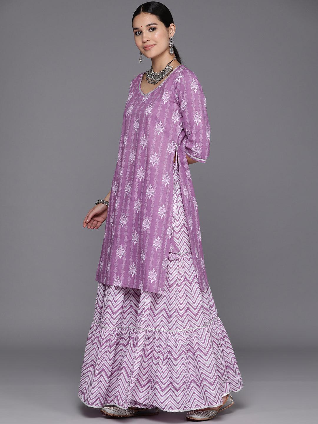 Purple Printed Cotton Straight Kurta With Skirt & Dupatta