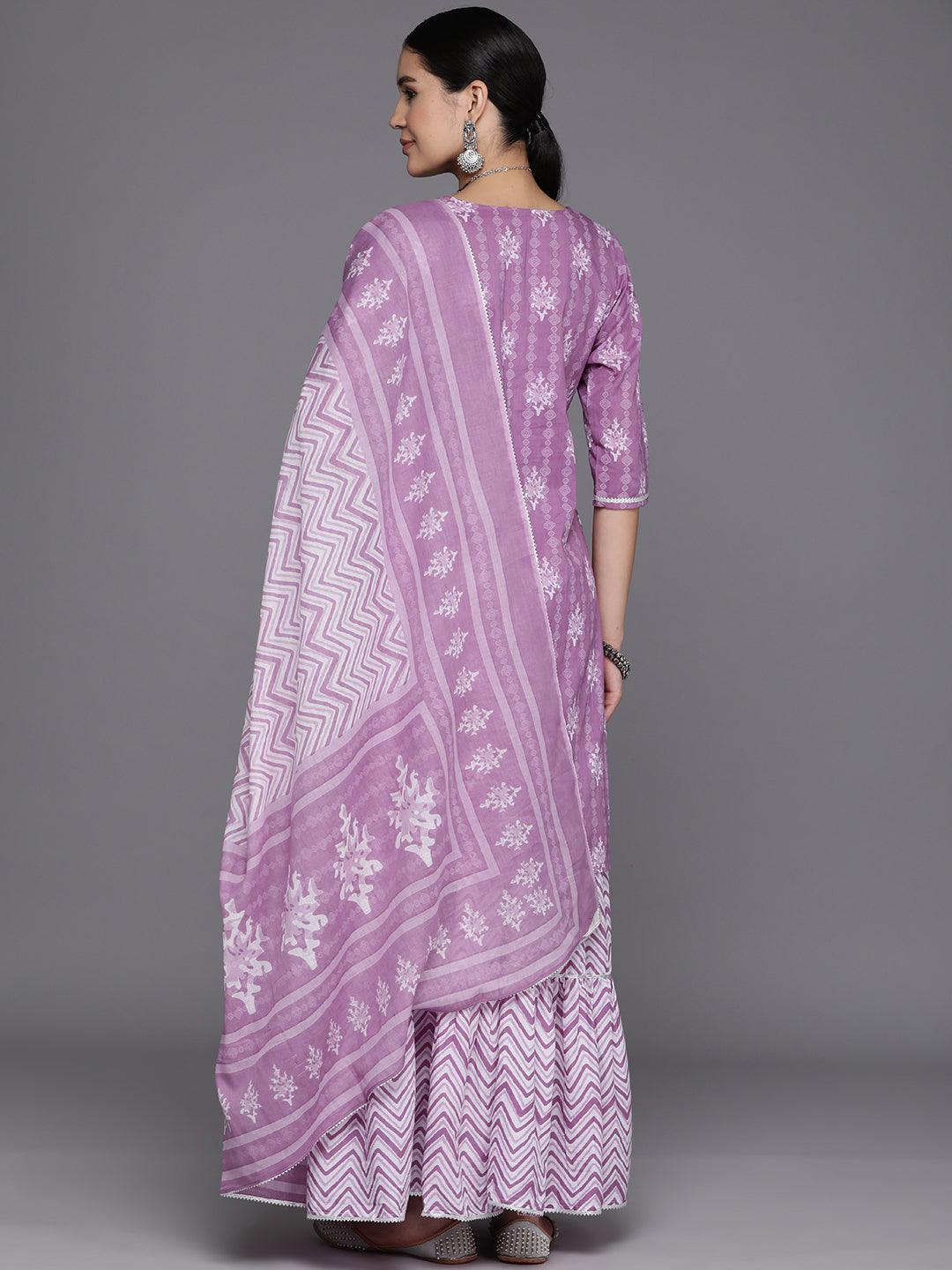 Purple Printed Cotton Straight Kurta With Skirt & Dupatta