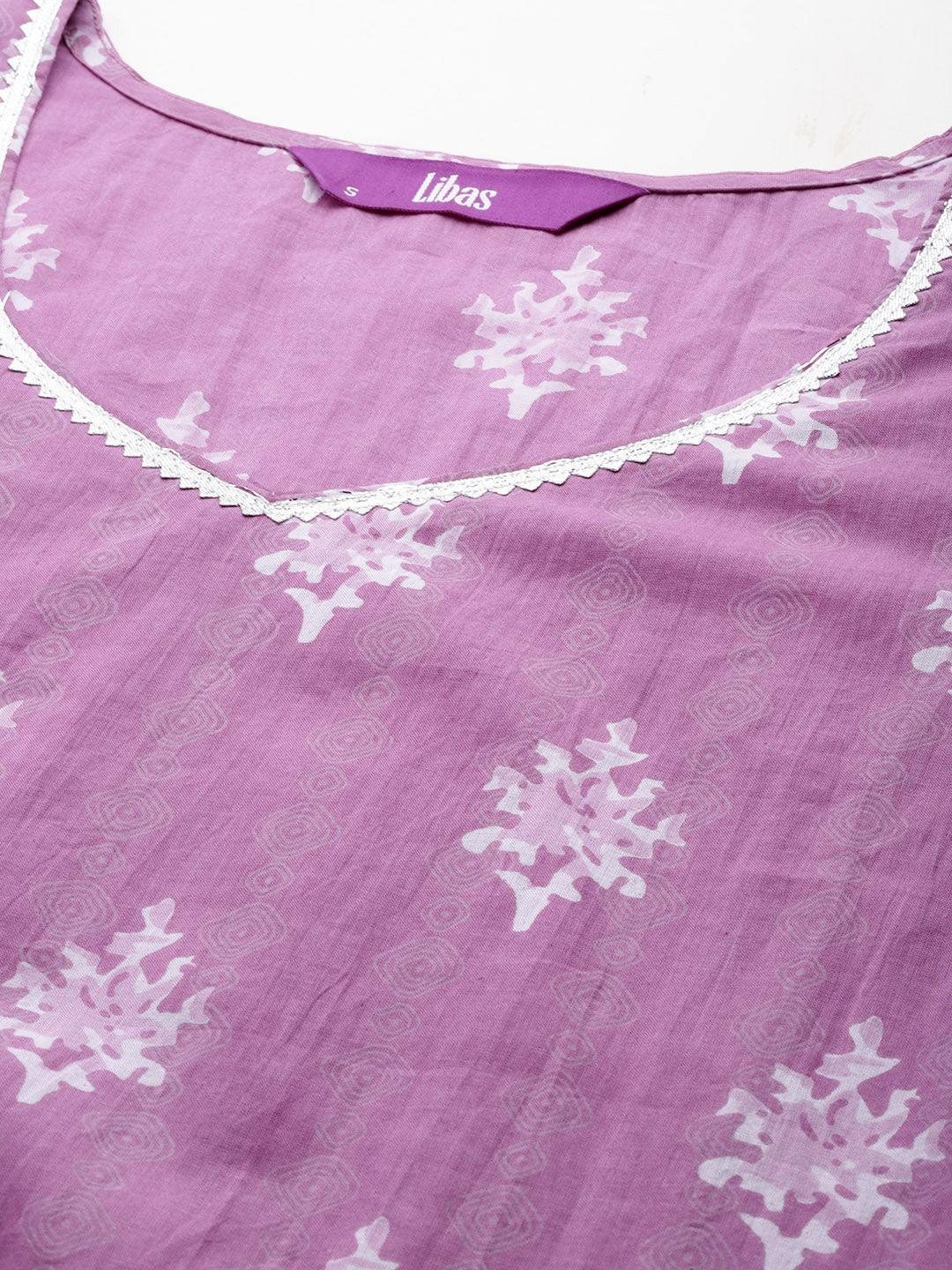 Purple Printed Cotton Straight Kurta With Skirt & Dupatta