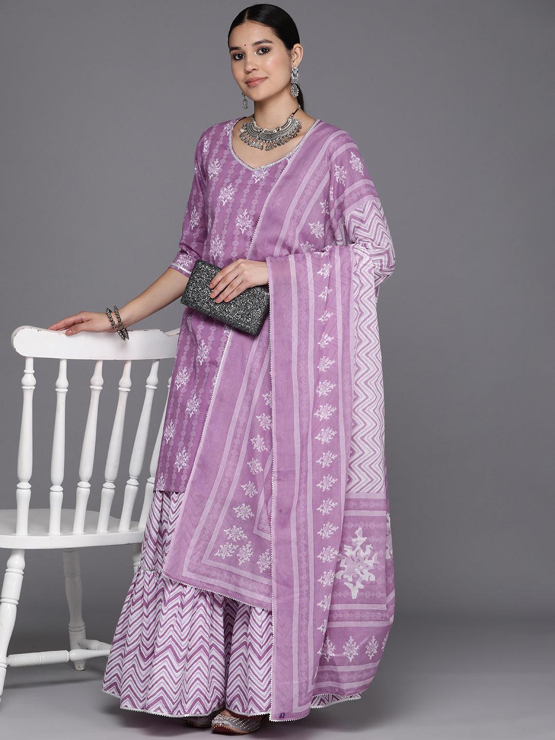 Purple Printed Cotton Straight Kurta With Skirt & Dupatta