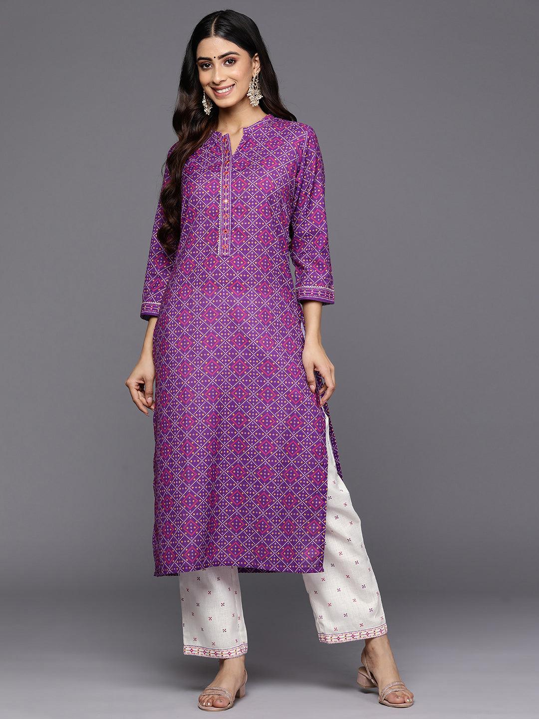 Purple Printed Cotton Straight Kurta Set With Trousers - ShopLibas